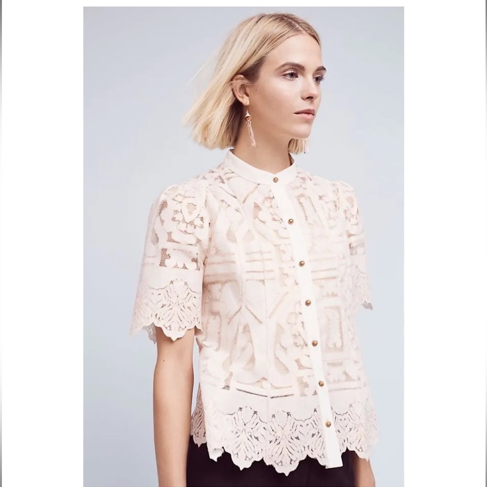ANTHROPOLOGIE FLOREAT SAGESSE LACE BUTTON DOWN BLOUSE size 0 NWOT